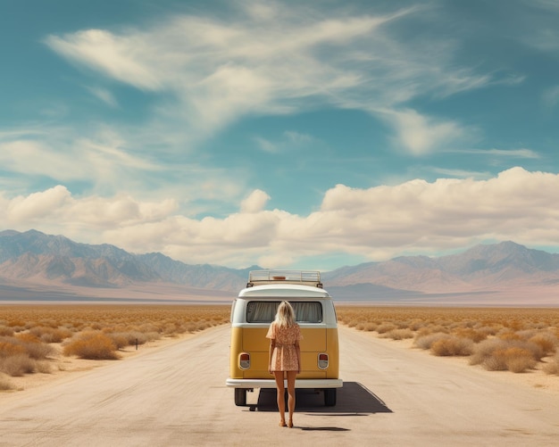 Premium Photo | AI generated illustration of a female traveler on an arid  desert road gazing at her camper van